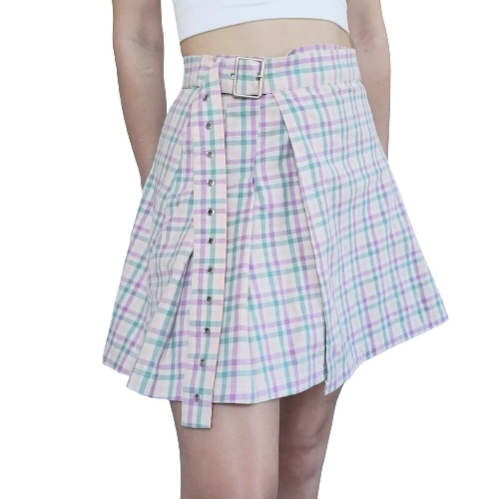 The Ragged Priest Multicolor Pastel Plaid Pleated Belted School Girl Skirt - XS